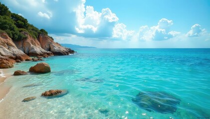 Fototapeta premium Turquesa de fondo en las aguas cristalinas de Bajamar con un paisaje de nubes doradas, peaceful, sunny