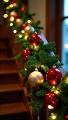 Twinkling Christmas garland with colorful baubles draped over a wooden banister, evergreen, wood, festive