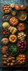Array of Middle Eastern Dishes with Dips Pastries Vegetables and Colorful Snacks