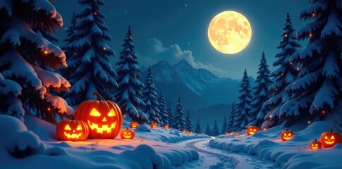 Fototapeta premium Twinkling lights and glowing jack-o-lanterns adorn snow-covered pine trees under the full moon's magical light, autumnal, pine trees