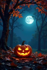 Twinkling moonlight casts eerie glow on pumpkin, autumn, trees