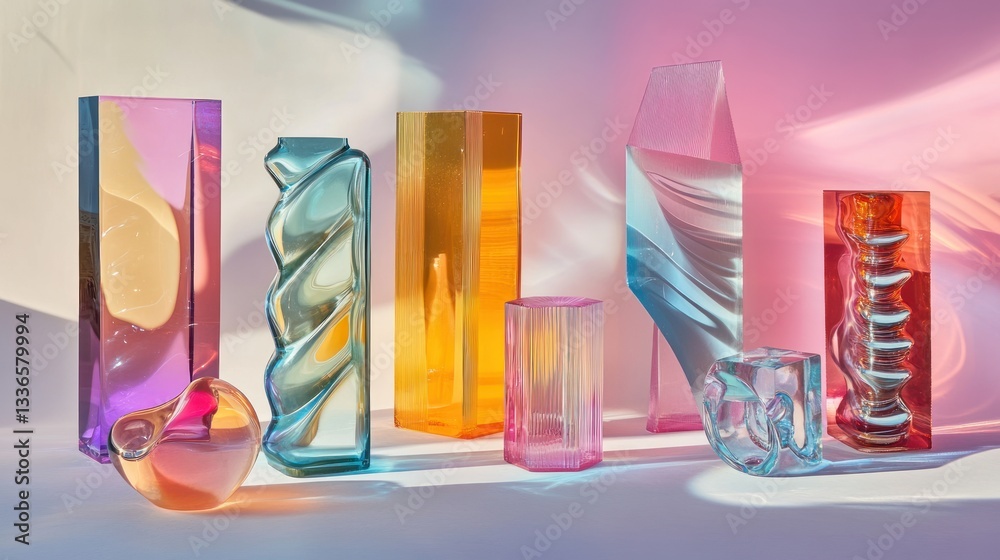 Poster colorful glass sculptures arranged on a white surface, illuminated by soft light, showcasing their t