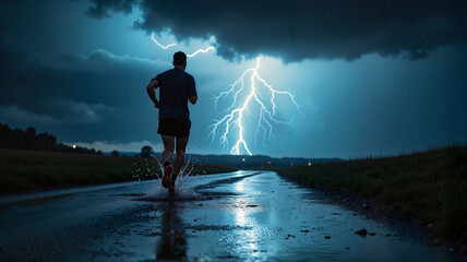 Runner braving a storm with lightning, intense endurance challenge