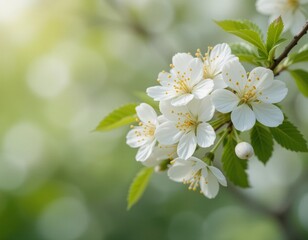 Obraz premium Close-up of white cherry blossoms with loads of petals and green leaves