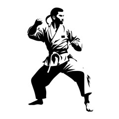 Fototapeta premium Black and White Illustration of a Karate practitioner demonstrating a powerful pose in traditional martial arts attire during training