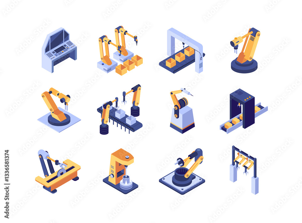 Aufkleber Robotization industry isometric icons set. Automatic equipment, production line manufacturer factory. Robotic arms for conveyor 3d isometry illustration. Programming welding and manipulating robots