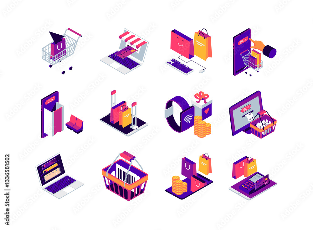 Poster online shopping isometric icons set. internet marketplace mobile application. payment by smartphone,