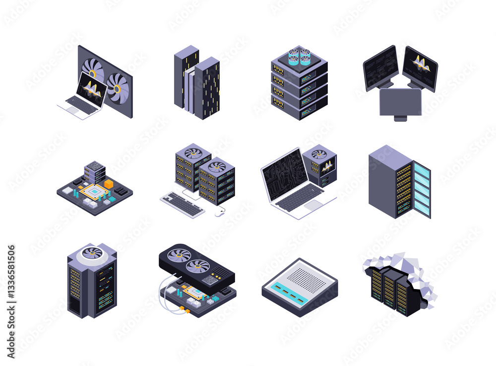 Fototapete Data center isometric icons set. Servers equipment, mining station, super computer and network routers. Computer technology, cloud network and database platform, hosting 3d isometry illustration.