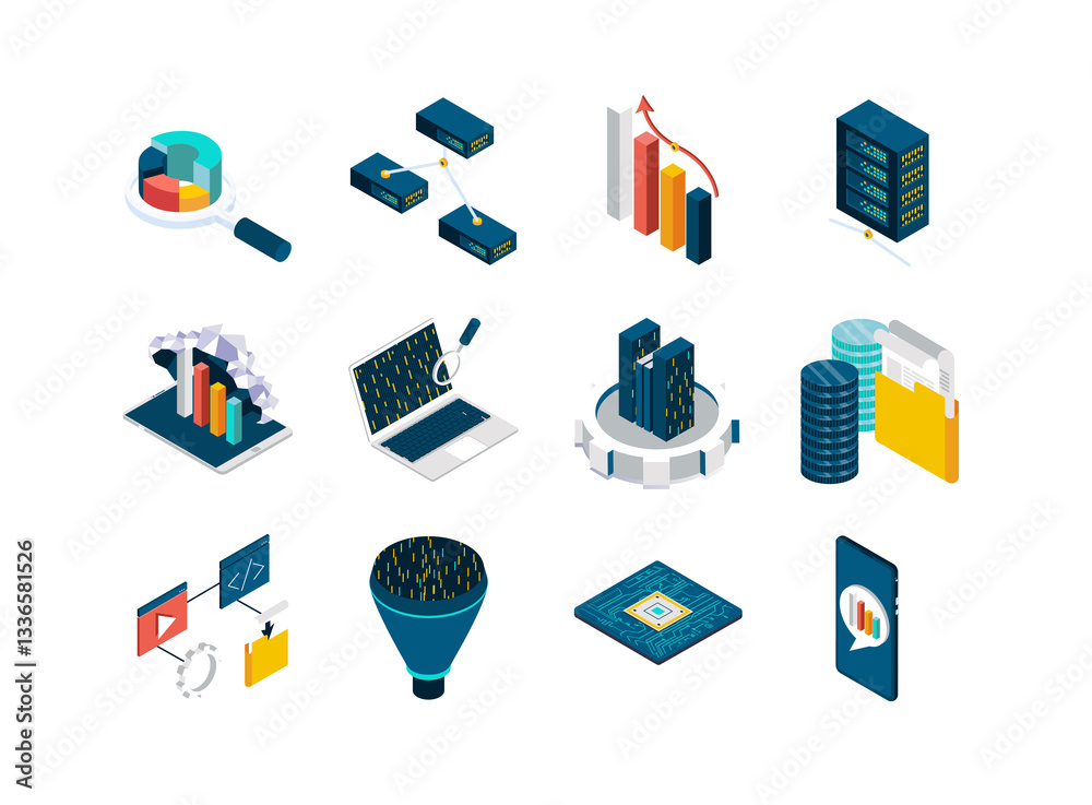 Fototapete Big data isometric icons set. Data collection, storage in cloud database and analysis. Computer technology and scientific methods and algorithms. Data analysis 3d isometry illustration.