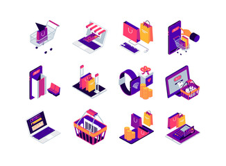 Fototapeta premium Online shopping isometric icons set. Internet marketplace mobile application. Payment by smartphone, smartwatch and computer. Digital marketing and advertising. Ecommerce 3d isometry illustration.