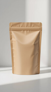 Eco-friendly kraft paper pouch mockup on white background for sustainable packaging design.