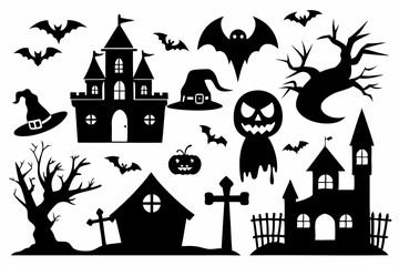 set of icons for halloween line art silhouette vector illustration