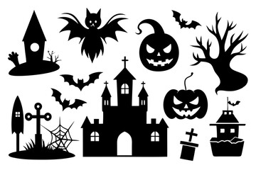 set of icons for halloween line art silhouette vector illustration