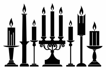 set of candlestick with candles line art silhouette vector illustration