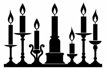 set of candlestick with candles line art silhouette vector illustration