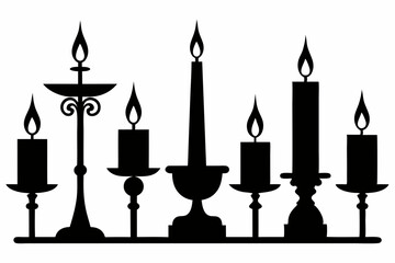 set of candlestick with candles line art silhouette vector illustration