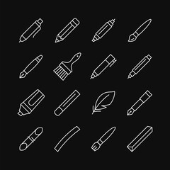 Tools for drawing, calligraphy, lettering, sketching line white icon set on black background. Paintbrush, pen, pencil, marker, felt pen, charcoal, crayon, chalk. Vector illustration. Editable stroke.