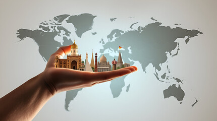 Traveling Places Around the World, World Heritage Day, Vintage world map with famous landmarks from around the world, Famous Lands for Tourism Countries, Generative Ai