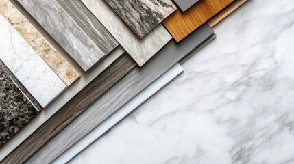 Variety of  construction materials.  Different types of  tiles, laminate,  and  stone surfaces displayed.  High-quality  samples for  design projects