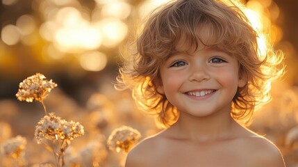 Fototapeta premium Golden Hour Child Portrait: A Captivating Sunset Smile