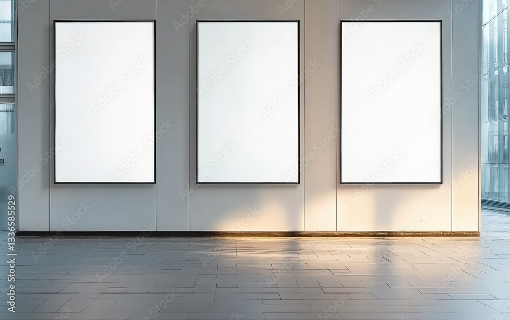 Poster three blank vertical white mockup posters hanging in modern building with sunlight passing through w