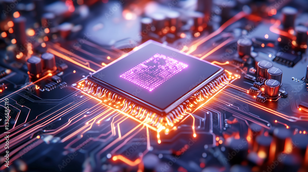 Poster a close view of a modern computer chip features detailed circuitry with glowing lights. this innovat