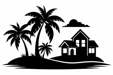 tropical island and beach house line art silhouette vector illustration