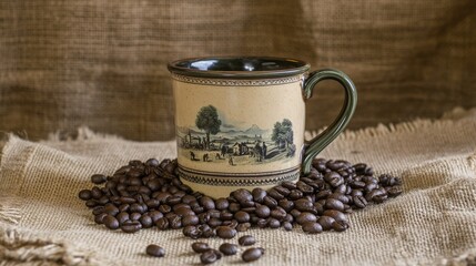 A vintage-style coffee cup on a burlap sack, surrounded by freshly roasted coffee beans.