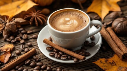 Fototapeta premium A warm autumn setting with a cup of coffee, cinnamon, and coffee beans.