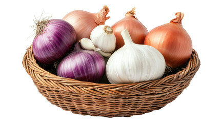 Basket of onions isolated on white background