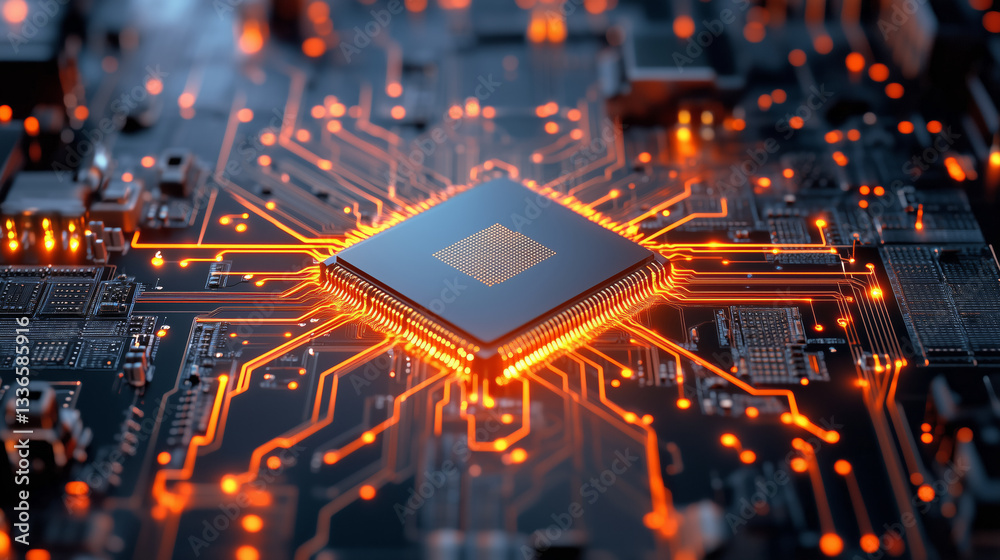 Poster a computer processor at the center of a circuit board emits a warm glow, highlighting detailed conne