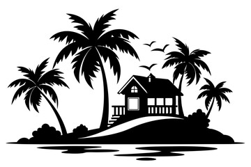 Obraz premium tropical island and beach house line art silhouette vector illustration