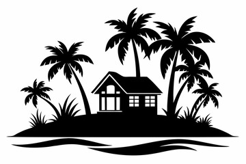 Obraz premium tropical island and beach house line art silhouette vector illustration