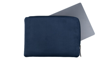 Metallic laptop inserted half-way into blue computer case with open zipper against white background