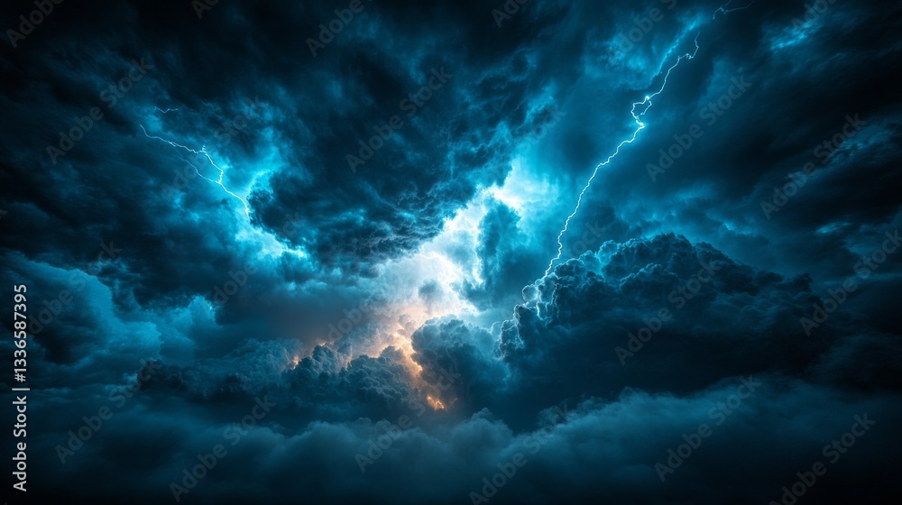 Poster a powerful storm brews overhead, as dark clouds swirl ominously while flashes of lightning illuminat