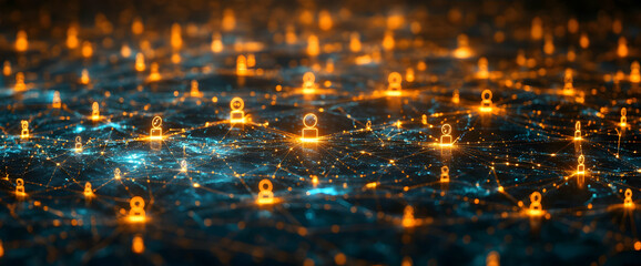 Network of glowing user icons representing social media, online community, or digital marketing connections.