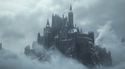 Fototapeta premium A majestic, imposing castle rises dramatically from a rocky mountaintop, shrouded in swirling clouds and mist. The structure features numerous spires and intricate architectural elements, conveying a 