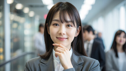 A woman in a pose with her finger on her chin, having come up with something on a train station platform in the city, AI generated