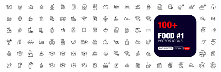 100+ pixel perfect vector icons set. Food and cooking related. Restaurant menu, coffee, drinks and fast food. Vegetables, fruits and dairy groceries. Gluten-free diet