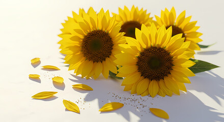 Vibrant Sunflowers and Petals on a White Background