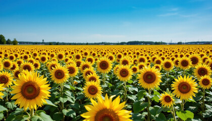 Obraz premium field of vibrant sunflowers under clear blue sky, showcasing nature beauty and warmth