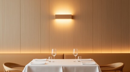 Dining room with a white tablecloth and two empty wine glasses on it. the table is set with white napkins and there are two wooden chairs on either side of the table.