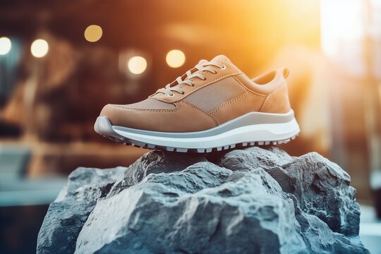 Modern sneakers for travelling and walking. Casual shoe on podium like rocky mountain peak. Shoes on stone 