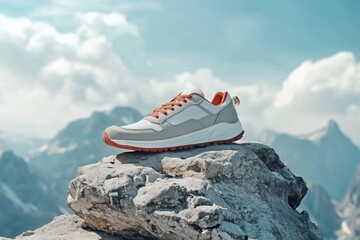 Modern sneakers for travelling and walking. Casual shoe on podium like rocky mountain peak. Shoes on stone 