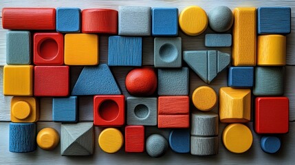 Colorful wooden blocks arranged in a pattern on a white background.
