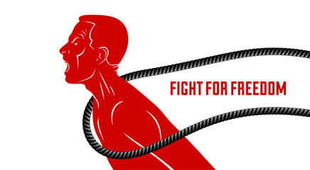 Shouting and screaming man trying to break the rope struggling for freedom, fight and liberate concept, liberty and human rights vector conceptual illustration.