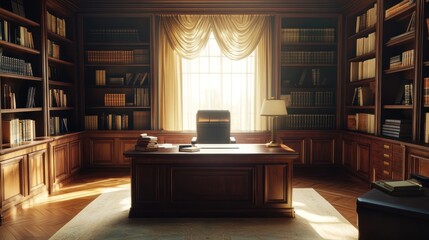 Luxurious Library Office, Sunlight, Work Area