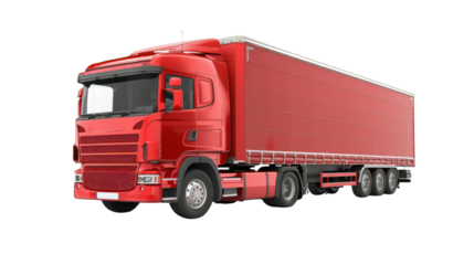 Red european truck with semi-trailer moving on transparent background