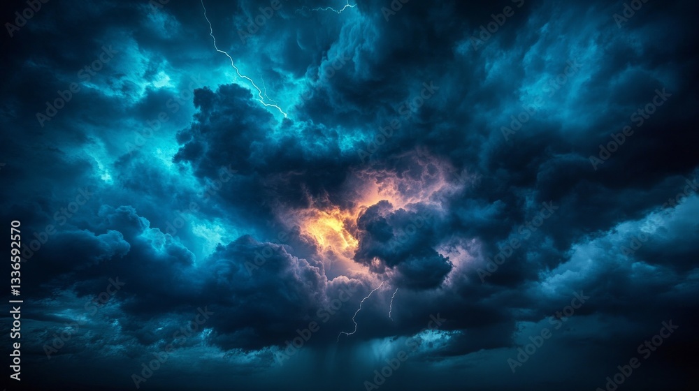 Poster powerful winds swirl as dark clouds gather, and flashes of lightning break through the stormy sky. t