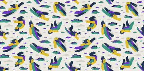 Levitating people seamless background, concept of freedom and imagination, peaceful and tranquil theme tiling wallpaper, dreamers floating among the clouds.